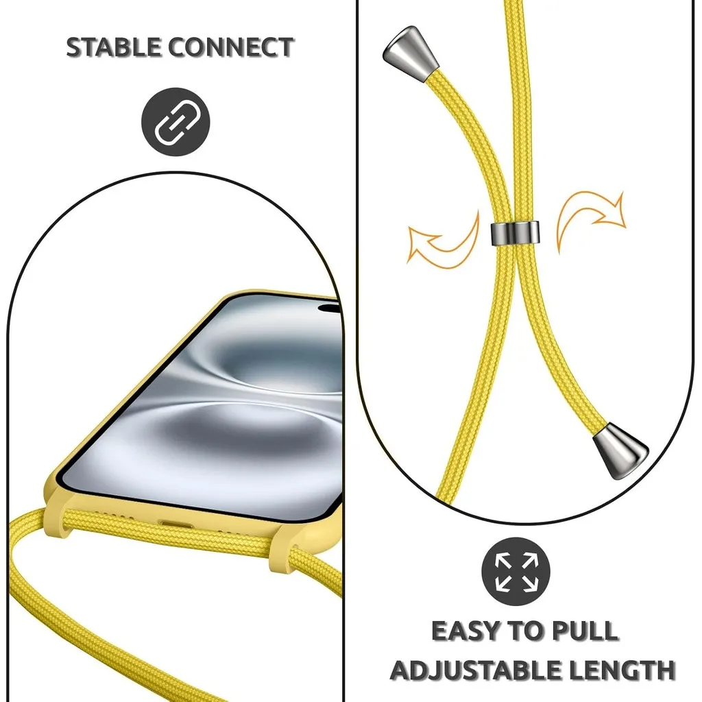 Vibrant Yellow Liquid Silicone TPU Phone Case with Lanyard and Shockproof Protection