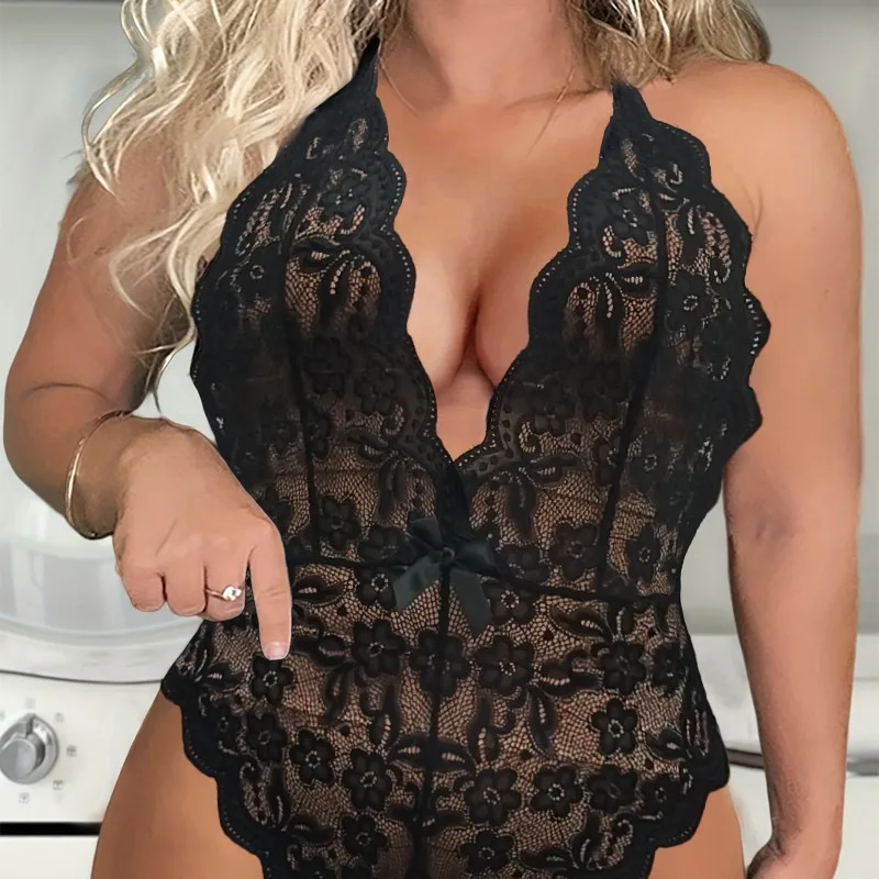 

2024 Spring Summer New Women's Sexy Spaghetti Straps Sleeveless Solid Color Lace Jumpsuit