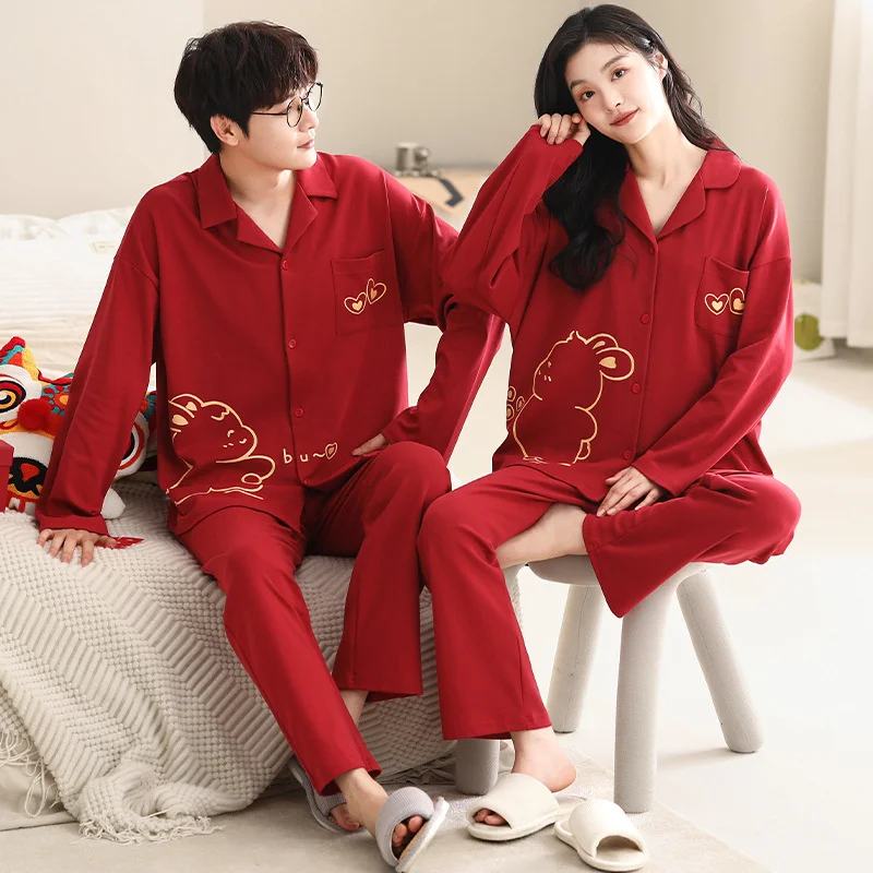 Autumn Winter Couple's Pajamas Pure Cotton Long Sleeved Red Women Newlywed Casual Loose Home Wear Set