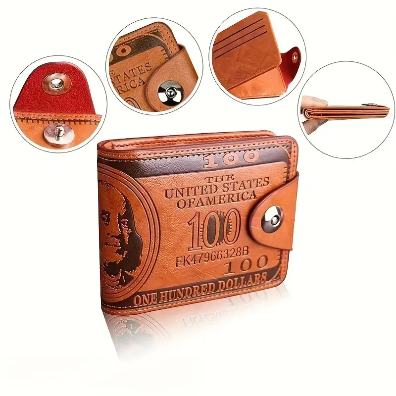 Men's Faux Leather Wallet with Unique US Dollar Bill Design - Stylish Orange Snap Closure, Credit Card & Photo Holder