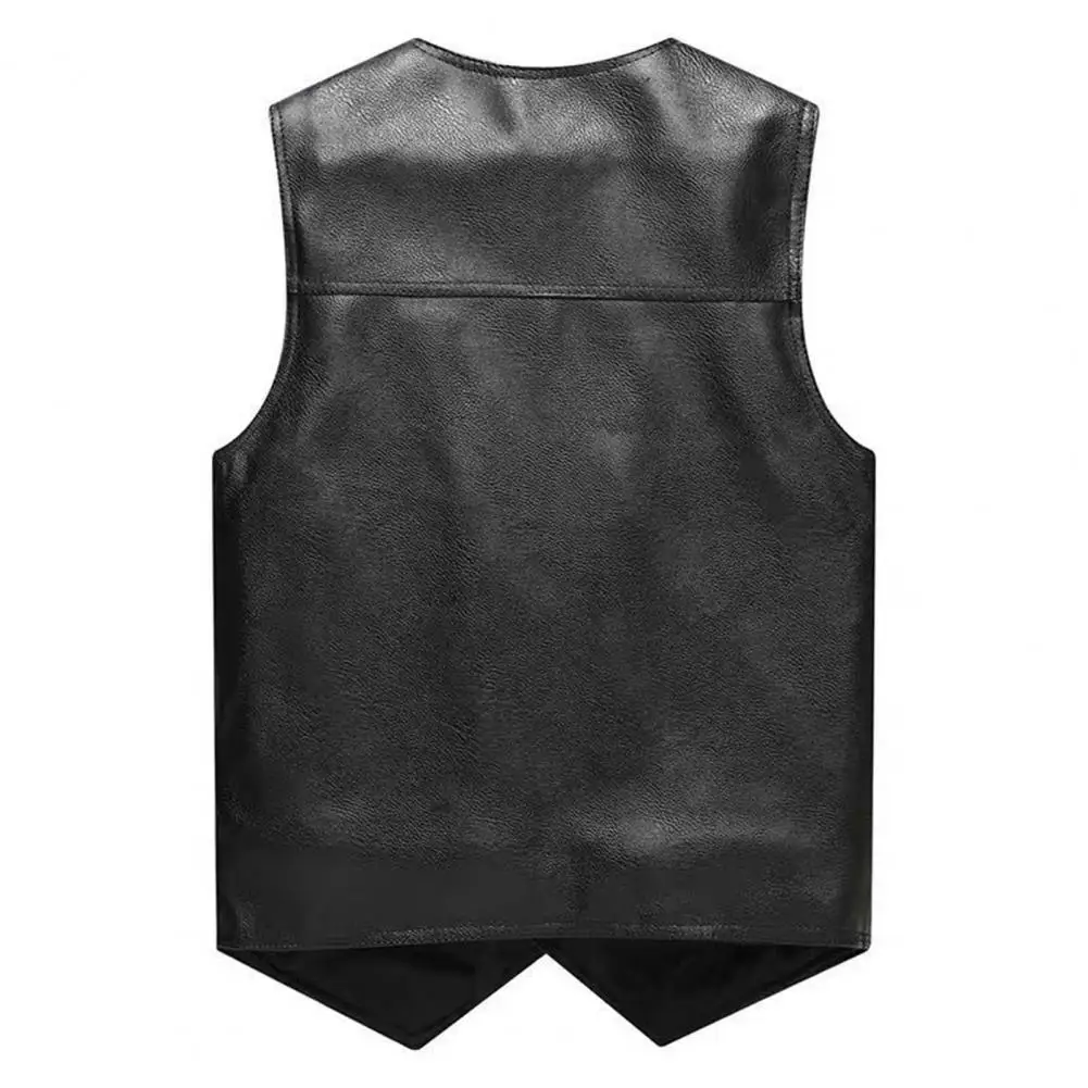 Description Picture 5 of itemMen Fall Winter Vest Faux Leather Thick Plush V Neck Multi Pockets Sleeveless Single-breasted Warm Windproof Solid Color Mid-age