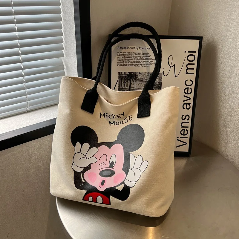 

Disney Mickey Mouse Women's Shoulder Bag Girls Cartoon Fashion Print Canvas Large Capacity Storage Handbag Shopping Bag