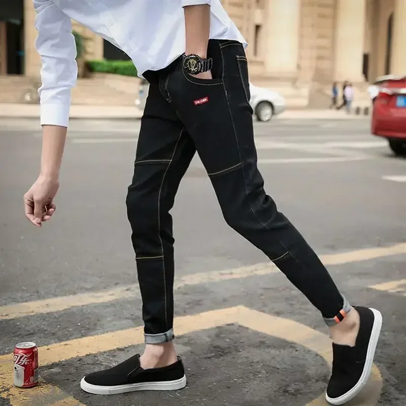 thumbnail image 1 of Pantalones vaqueros elásticos para hombre, pantalones vaqueros negros ajustados de tubo para hombre, ajustados, ajustados, estilo años 90, ropa de calle barata de algodón, tallas XS, 1 of 5