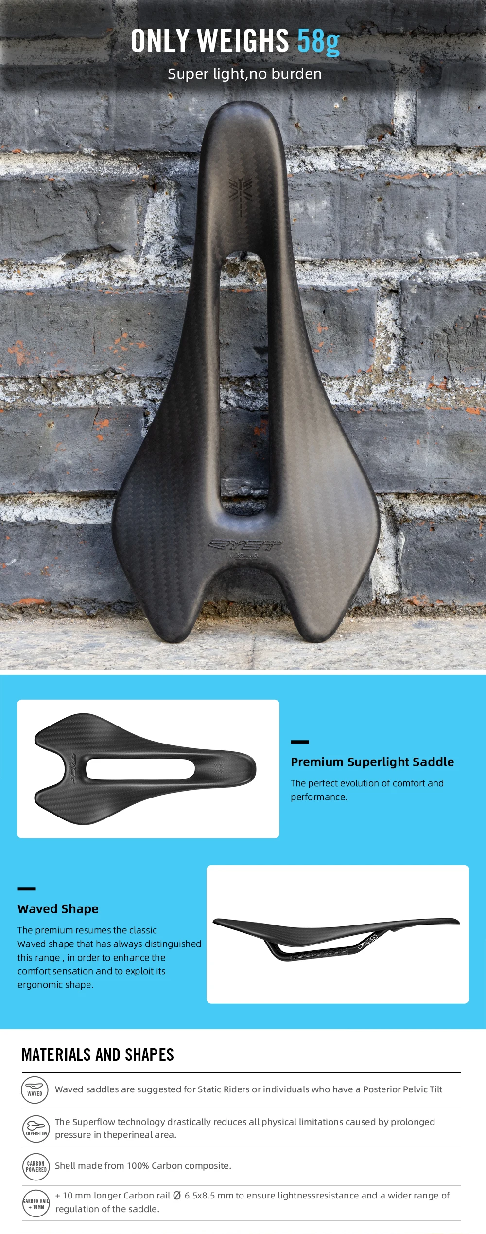RYET Ultraleichter 58 g Vollcarbon-Sattel, 3K-Gewebe, oval, 6,5 x 8,5 mm), 242/122 (mm) Sattel für Rennrad, Mountainbike, Erholung, Städtischen – Detail 7