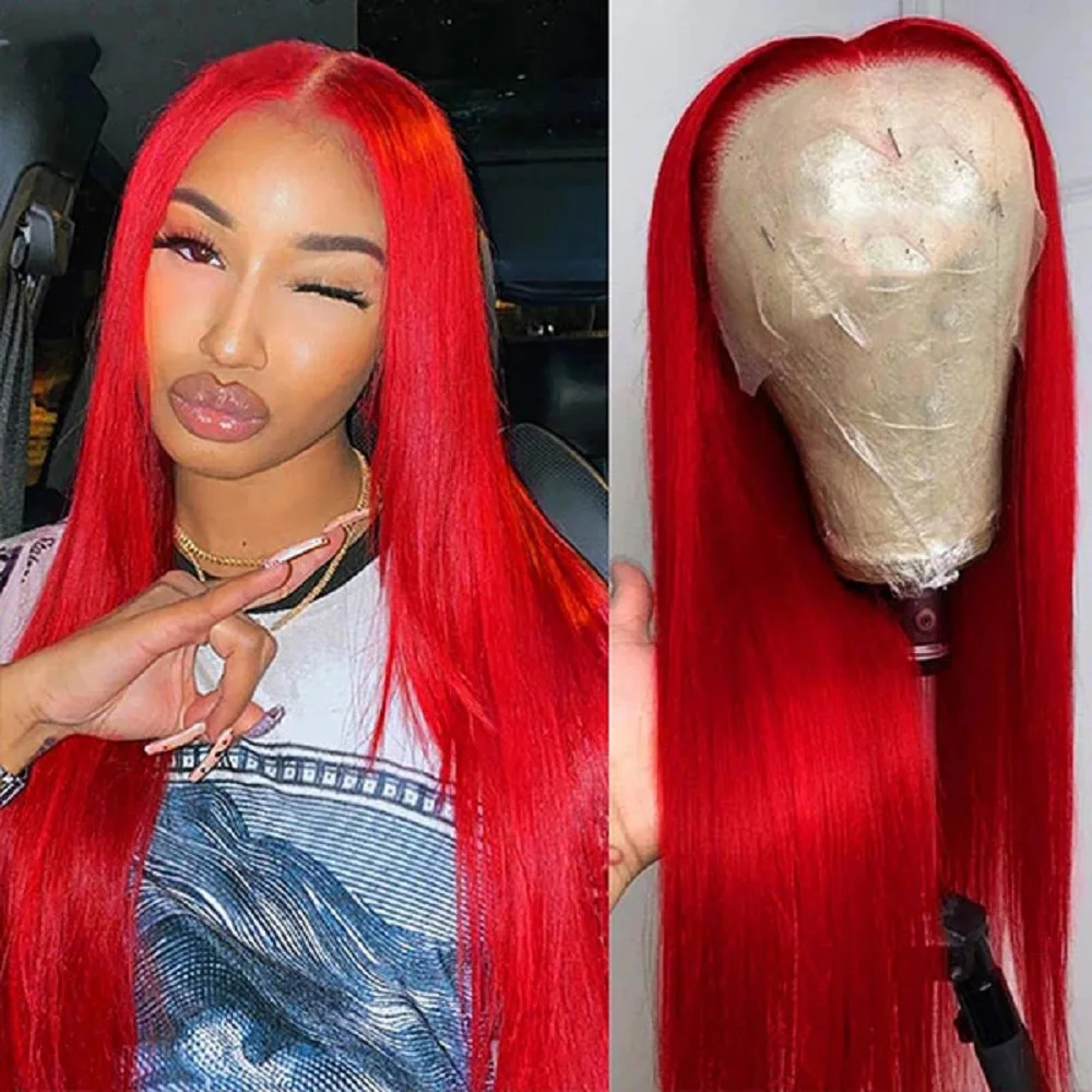 Red Straight 13x4 Brazilian Hair Lace Front Wig 250 Density Human Hair Wigs Red Pre Plucked Human Wigs 13x6 HD Lace Front