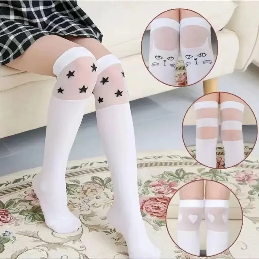 White school girls over the knee high long socks cartoon cat/star/heart/stripe design baby kids child student princess stockings 1