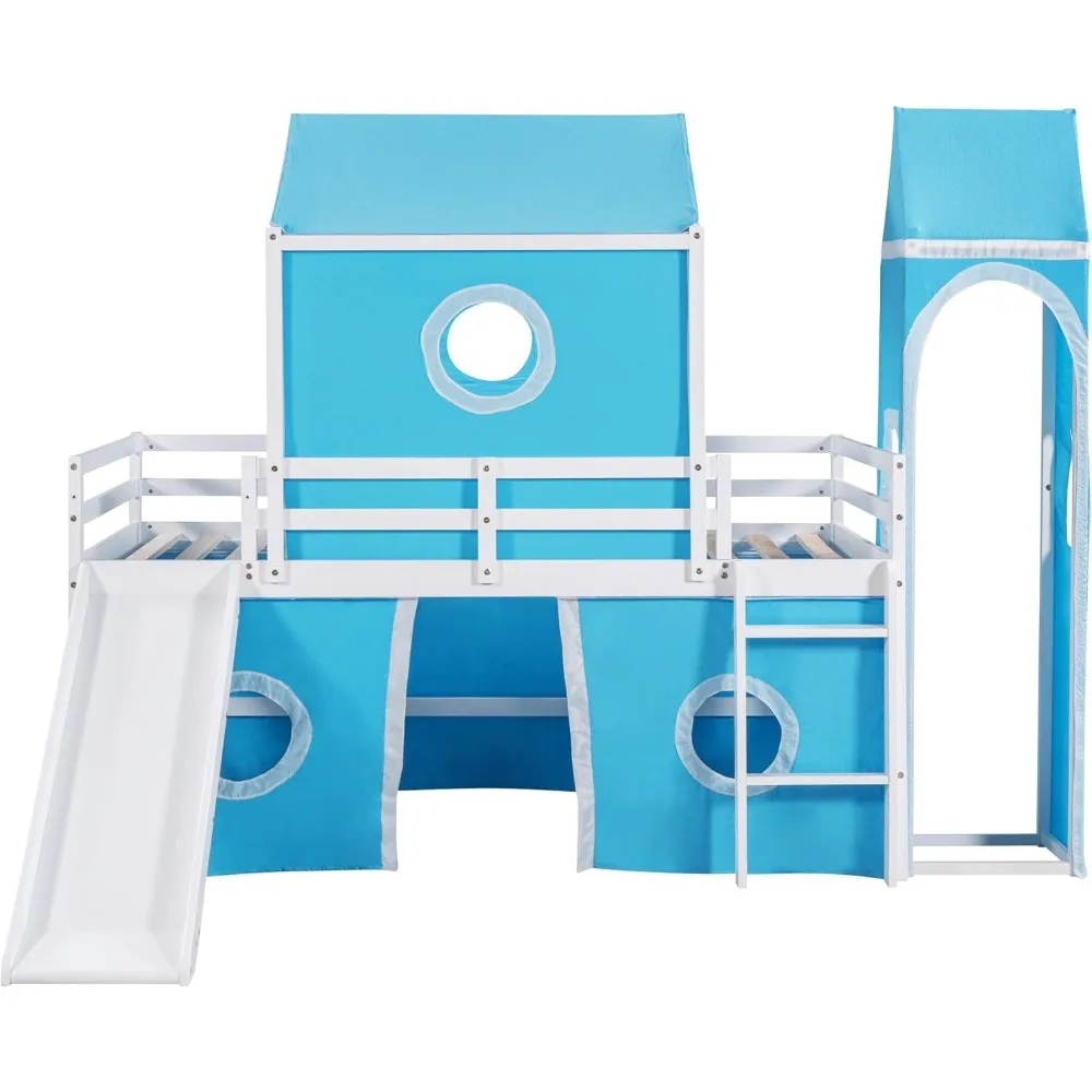 Low Loft Bed with Tent and Slide, Solid Wood Loft Frame with Safety Guardrails and Ladder for Kids Bedroom,Easy Assembly 6