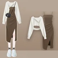 Women Spring New Vintage Short Knit Blouse+Split Sling Skirt 2-Piece Suit 2026 Korean Elegant Long Sleeve Top Dress Matching Set
