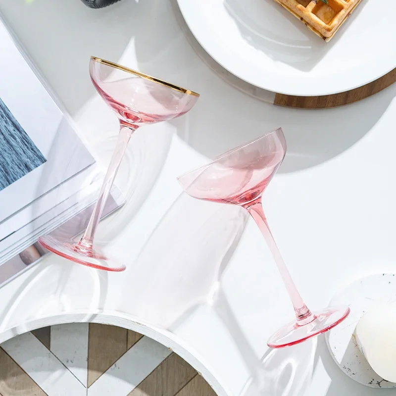 Nordic Cocktail Glass Goblet, Lead-Free Crystal Wine Glasses, Pink Gold Foil, Sweet Champagne Glasses, Drinking Cup Glass Cup