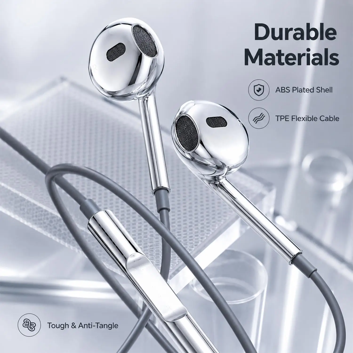 Premium Wired USB-C Earbuds with Mic & Volume Control - Chrome Silver