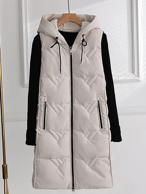 Chaleco Largo Acolchado Para Mujer, Chaleco Sin Mangas Con Capucha