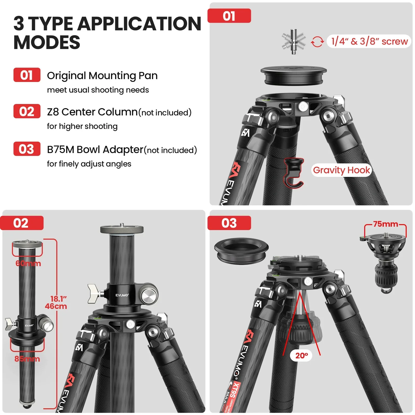EVUMO XT9S Hunting Tripod for Camera Carbon Fiber Heavy Duty Tripod Professional Super Stable Birdwatching Camera Max40kg