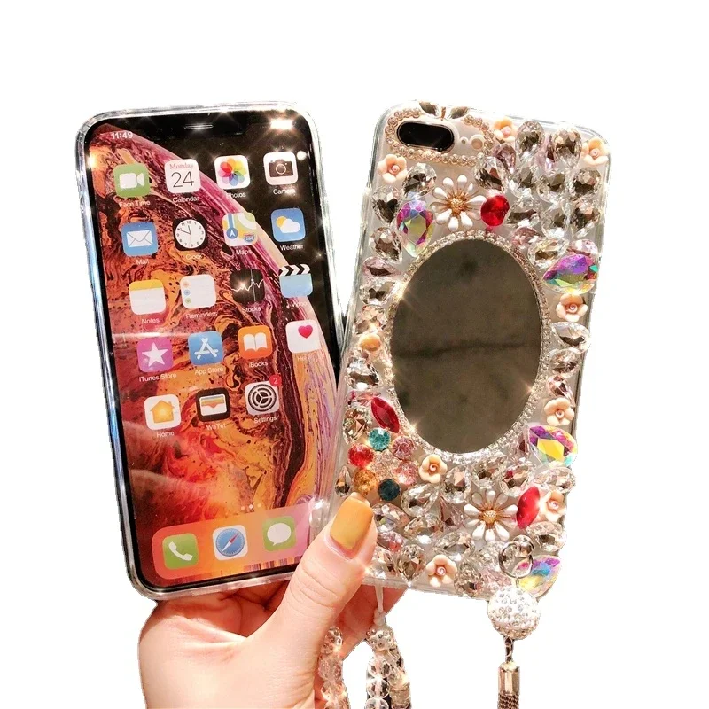 Glitter Crystal Diamond Pendant Mirror Case with Lanyard Strap for Motorola, G20, G30, G50, G60, G100, G200, G71, G51
