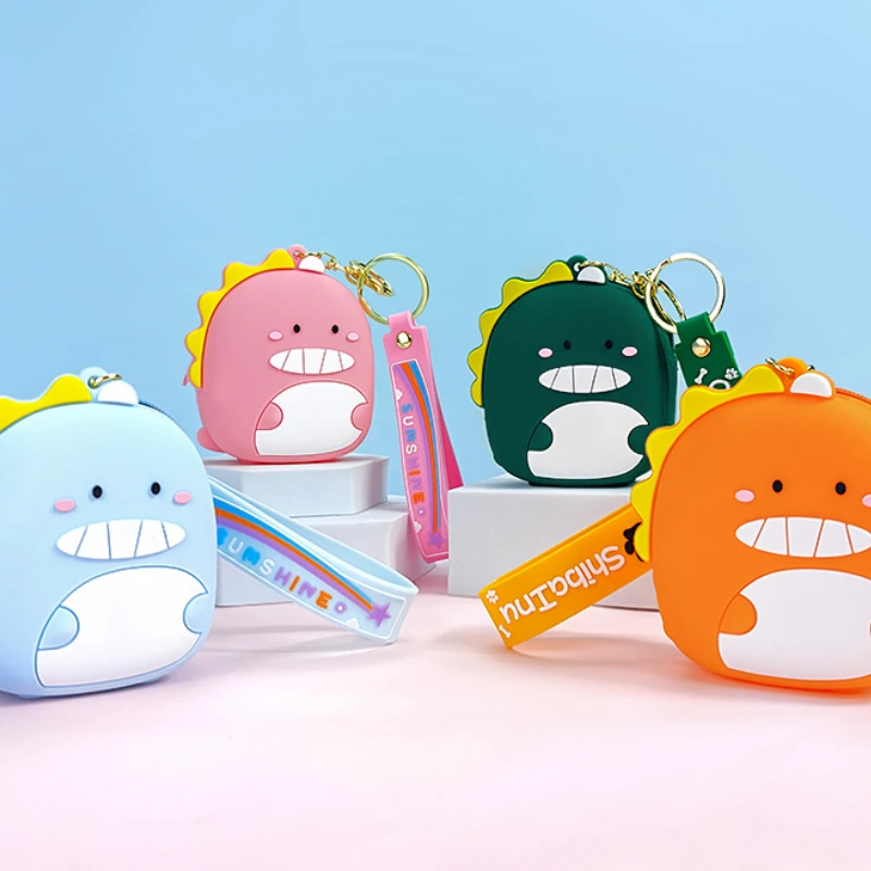 Cute Dinosaur Bag Portable Bucket Coin Purse Silicone Coin Bag Sundries Storage Women's Pendant Keychain