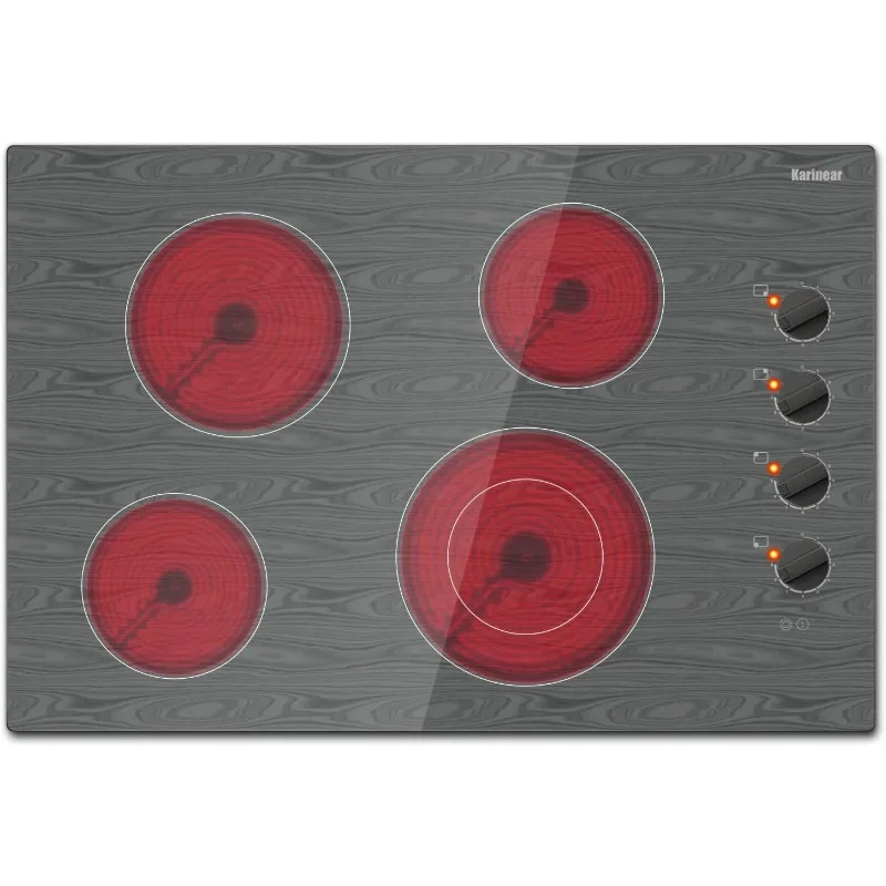 Karinear 30 Inch 4 Burners Electric Cooktop,Knob Control Electric Stove Glass Cooktop with Beautiful Wooden Pattern,30" Built-in