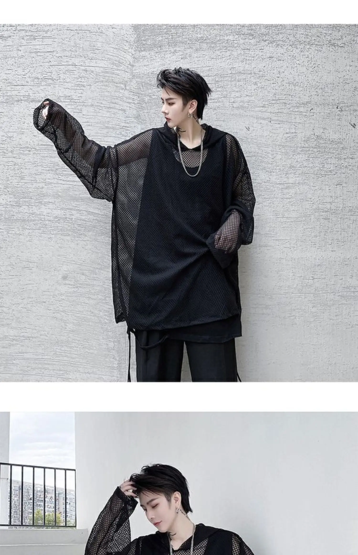 2024 Summer Dark Hollowed Out Mesh Hoodies T-shirt For Men Women Long Sleeves Loose Hooded Mesh Transparent Shirts