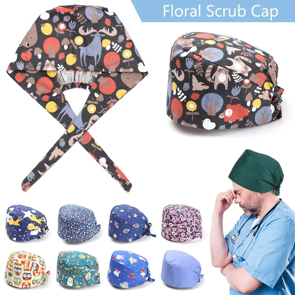 

Adjustable Cotton Accessories Round Print Caps Floral Bouffant Fluffy Hat Scrub Cap