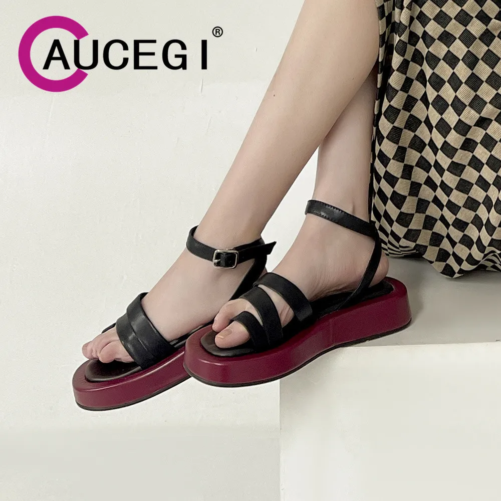 

Aucegi Large Size 34-43 Clip Toes Fashion New Roman Women Summer Sandals Genuine Leather Beach Platform Flats Casual Shoes