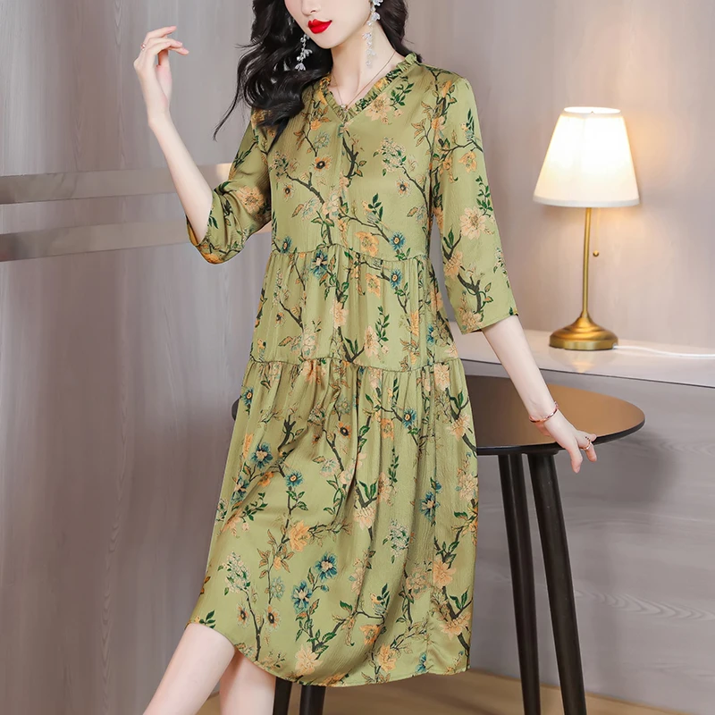 

2023 New Silk Printed Mulberry Silk Dress Women's Summer Fashion Fragmented Flowers Loose Fit Casual Vestidos
