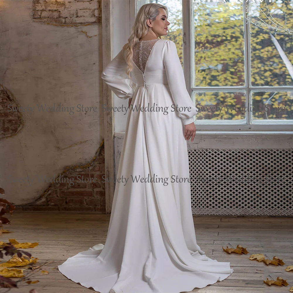 Jiayigong Plus Size Muslim Wedding Dress Modest Long Sleeves Scoop Neck Beading Jersey A Line Sweep Train Bridal Dresses 6