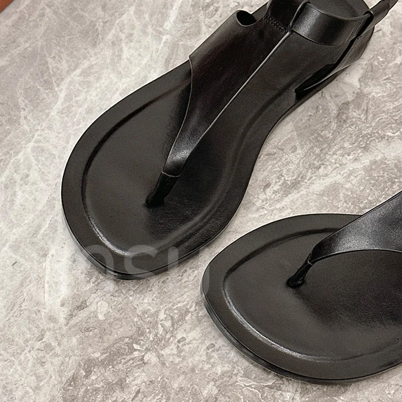 Summer Simple Woman Sandals T Clip Feet Calf Leather Flat Shoes Leaky Toes Hollow Ventilation Outdoor Ankle Strappy Ladies shoes