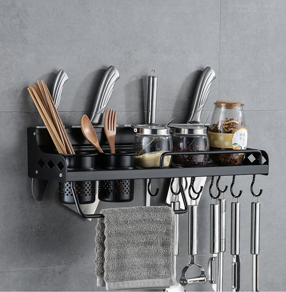 Wall Mounted Knife Holder Space Aluminium Shelf Kitchen Storage Rack Cutlery with Hook Kitchen Cabinet Organizer