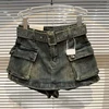 American Retro Cargo Jeans Skirts Women Y2K High Waist with Belt Pocket Mini Skirts Harajuku Streetwear Slim Denim Skirts Shorts