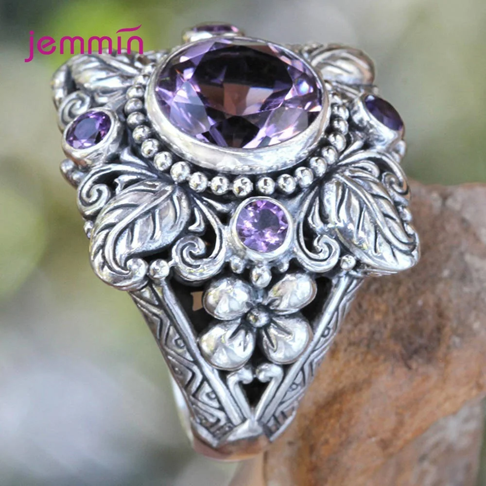 925 Sterling Silver Round Natural Amethyst Wedding Engagement Rings For Women Fine Jewelry Punk Style Vintage Flower