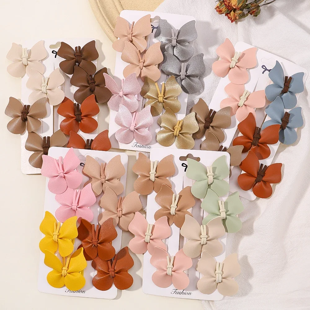 2/4pcs/set New Cute Baby Girls Wool Knitting Headwear Handmade Crochet Butterfly Alloy Hairs Clips Children PU Hairpin Wholesale 6