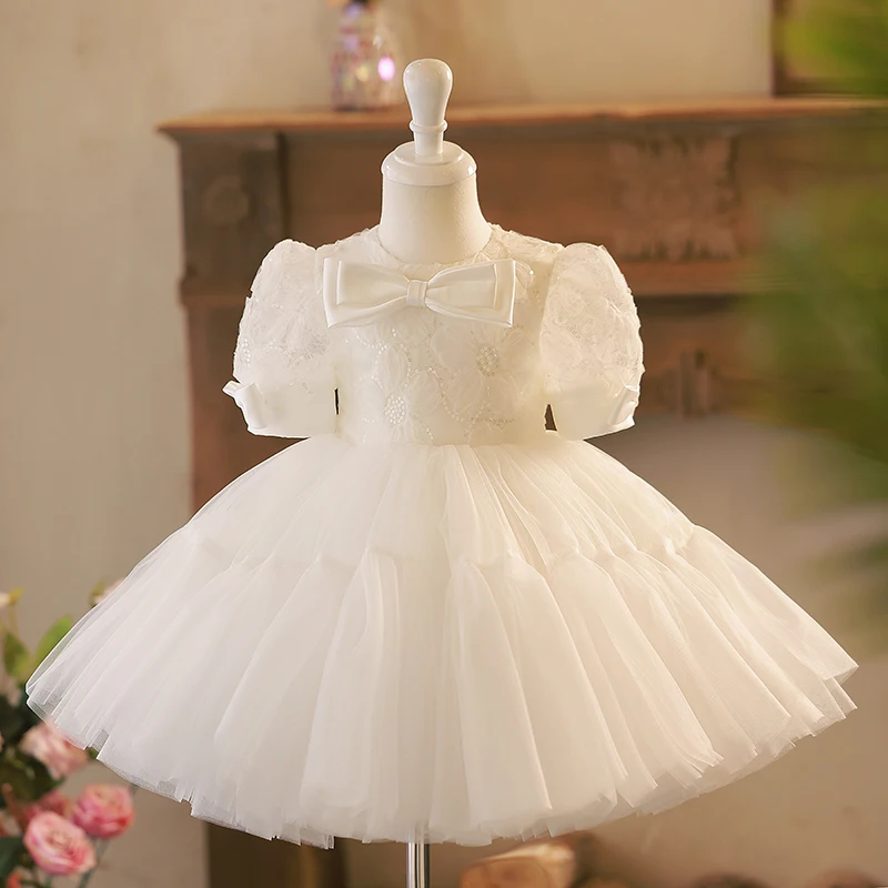 

White Bow Tulle Evening Dress Shiny Sequin Princess Layered Dresses Short Sleeve Knee-Length Ball Gown for 2-8 Years Old