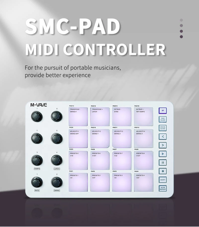 Electronic Musical Instrument Midi Control Keyboard M-Vave SMC-PAD LaunchPad design port&aacute;til controlador MIDI sem fio bateria recarreg&aacute;vel 16 RGB