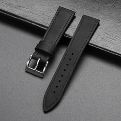 Vintage Stitching Leather Strap - Retro Brown Gray Cowhide Watch Band with Soft Quick Release Clasp - 22mm (Black)