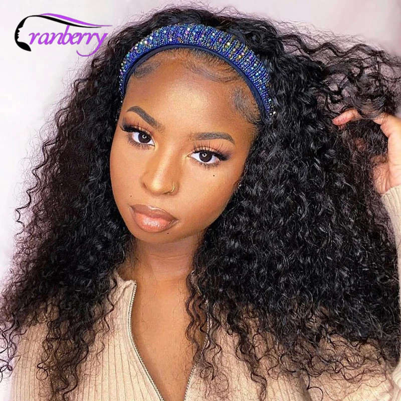 

Cranberry Hair Malaysian Curly Headband Wig Human Hair Scarf Wig No Gel No Glue Jerry Curl Hair Wig with Headband Fit All Size