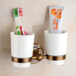 Vintage Brushed Brass & Porcelain Bathroom Accessory Set - Elegant European Retro Design (Double cup holder)
