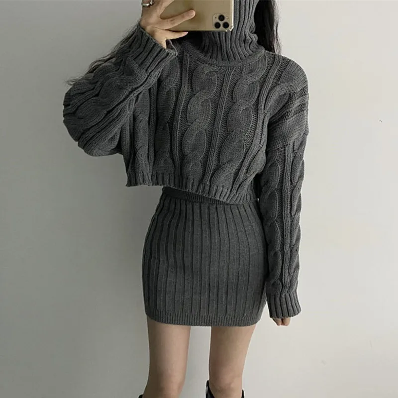 

Fall Winter Elegant Outfit Highneck Cropped Pullover Sweater And Elastic Waist Mini Skirt Slim Warm Knitting 2 Piece Set