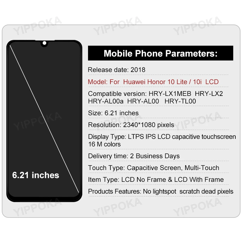 HRY-LX1T 터치 스크린 디지타이저 교체 부품, HUAWEI Honor 10i LCD 디스플레이 Honor 10 Lite 디스플레이, HRY-LX1 6.21 인치 IPS