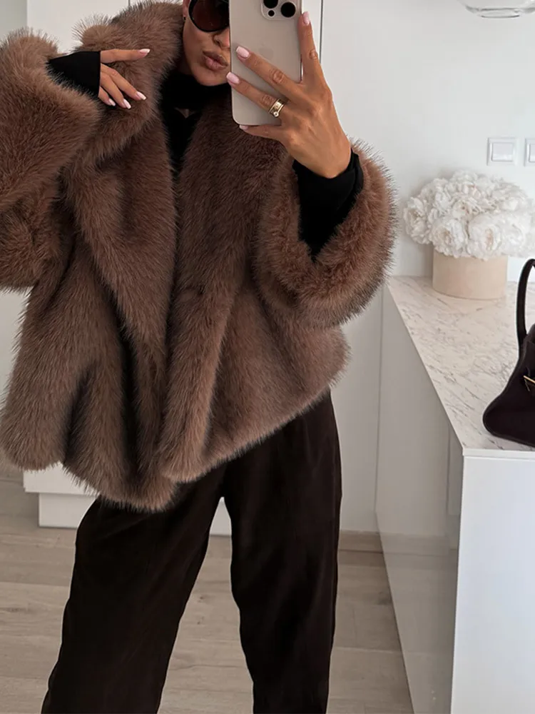 Oversized Brown Fluffy Faux Fur Coats For Women Winter Autumn Loose Lapel Cardigan Jacket 2024 New High Street Warm Outwear 4