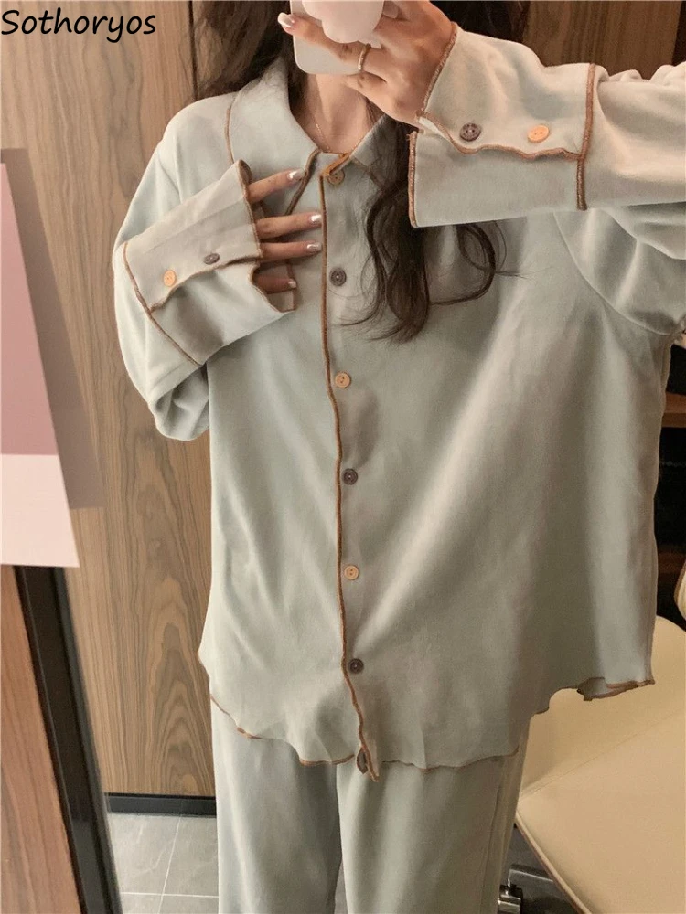 

Pajama Sets Women Solid Simple Cute Basics Autumn Ladies All-match Korean Style Leisure Home Daily Designed Young Tender Cozy