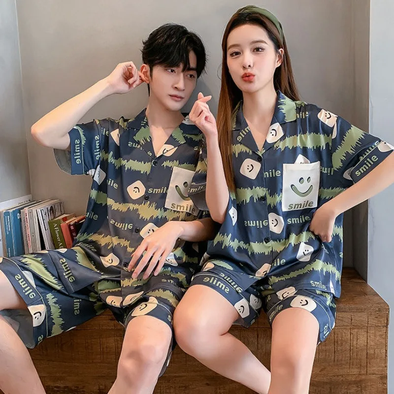 Summer Couple Pajamas Sets Short Sleeve Cardigan Shorts Two Piece Loungewear Sleepwear Silk Print Nightwear High-end Lounge Set