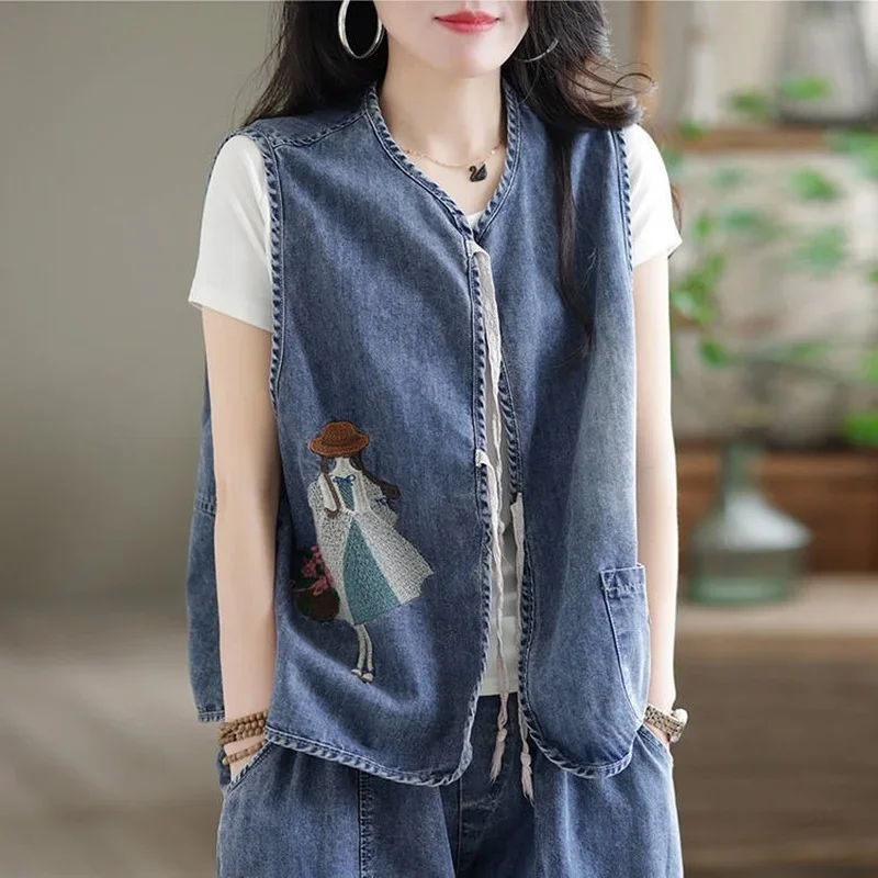 Women Denim Vest Sleeveless Tops Spring Autumn Cropped Cardigan Retro Lace Embroidery Loose Casual Waistcoat Korean Fashion New