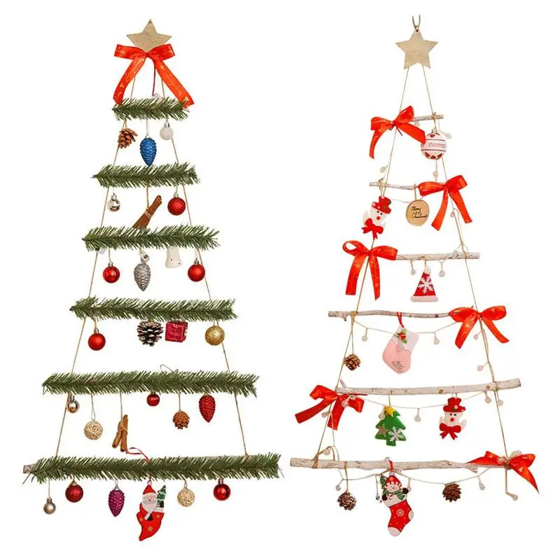 Wooden Frame Wall Lighted Christmas Tree Wall Flat Christmas Tree Wooden Tree Branch Trapezoid Pendant with Santa Claus and Bell 4pcs lot christmas doll bell pendant xmas tree hanger wall decal home decoration santa claus snowman elk crafts diy wholesale