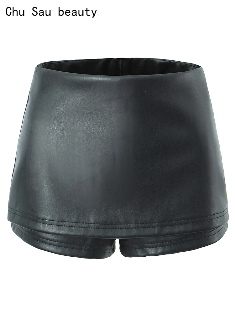 

Chu Sau beauty 2023 Women Summer Fashion Sexy PU Leather Shorts Skirts Y2k Mid Waist Zipper Fly Skort Chic Streetwear Mini Skirt