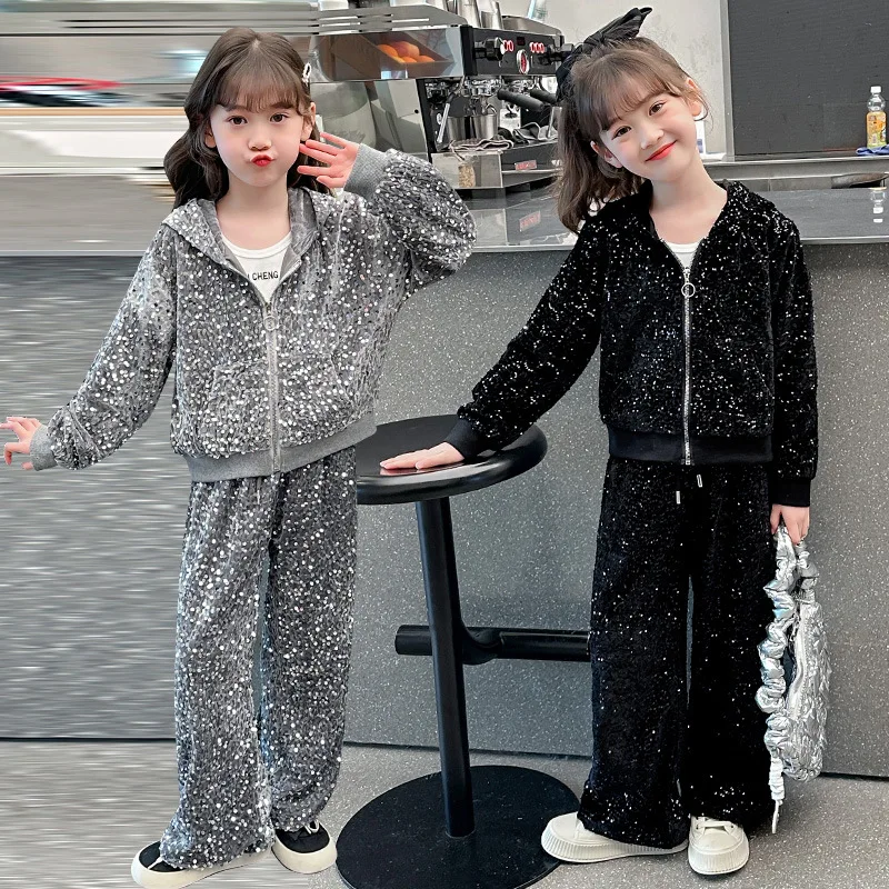 Girls Clothes Set Zipper Sequin Hoodies Sweatpants Two Pieces Teenage Kids Tracksuit Dance Casual Sport Children Clothing Set