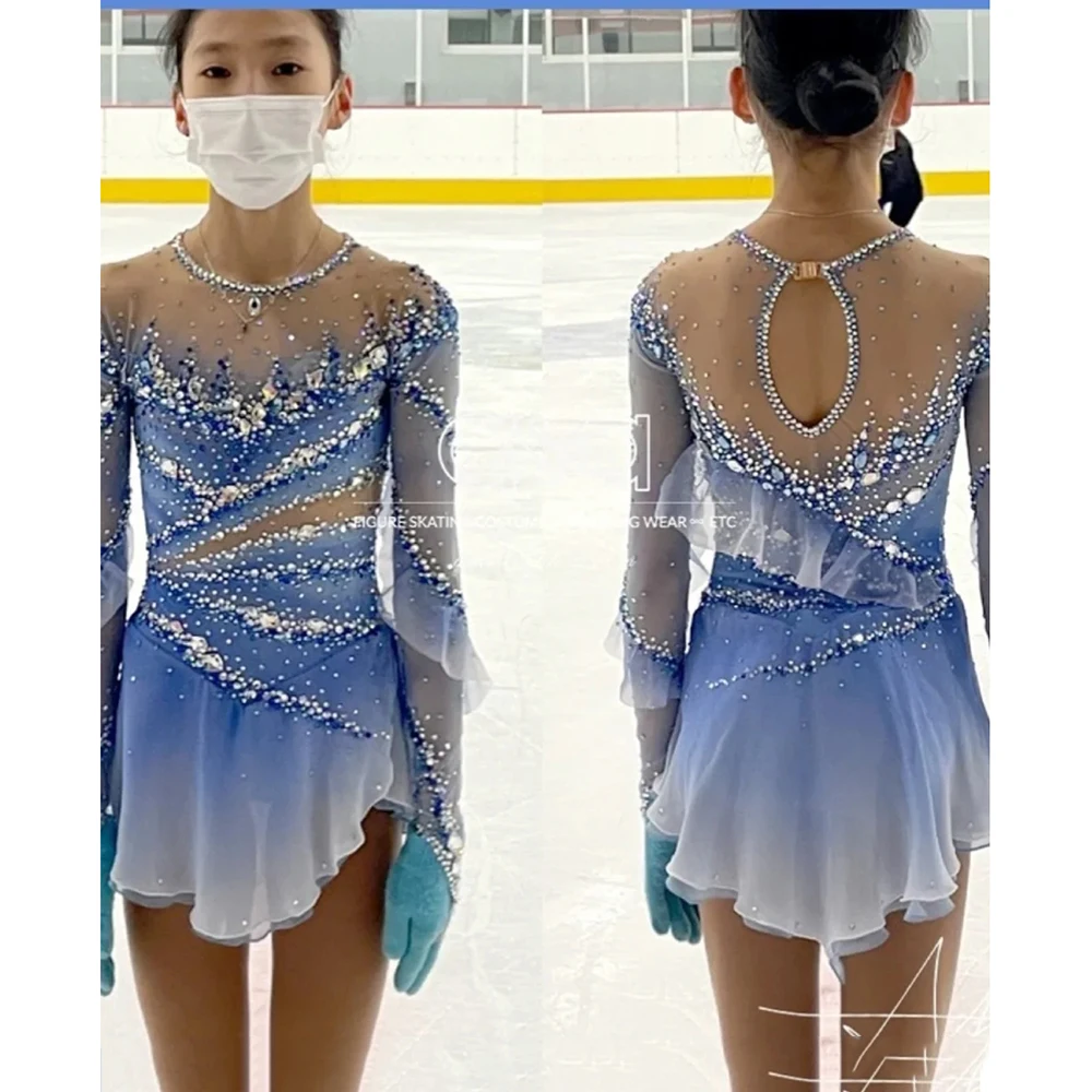 LIUHUO Figure Skating Skirt Girl Blue Mesh Skirt Show Competition