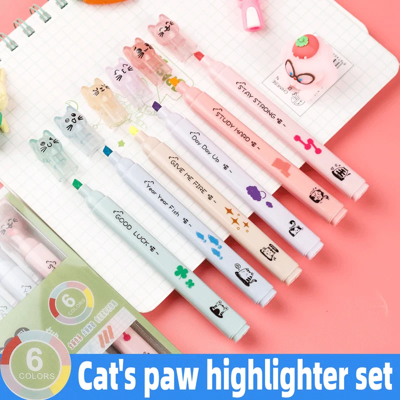 6 pcs/pack Kawaii Cat Claw Pastel Color Highlighter Marker Highlighter Pen Art Marker Marker Pen Drawing Gift Stationery