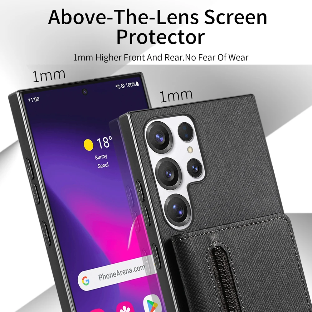 Zippered Leather Wallet Phone Case with Card Holder and Stand