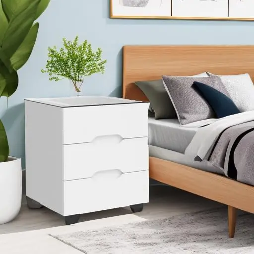 White Smart Nightstand with Wireless Charging Station & Adjustable LED Lights, High Gloss End Table with 3 Drawers