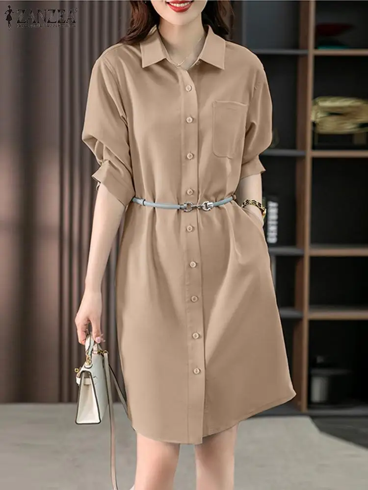 

2023 ZANZEA Fashion Party Sundress Summer Elegant Lapel Neck Dress Femme Solid Work Robe Woman 3/4 Sleeve Knee Length Shirtdress