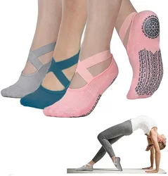3/2 Pair Yoga Socks for Women Non-Slip Grips & Straps, Bandage Cotton Sock Ideal for Pilates Barre Ballet Dance Barefoot Workout