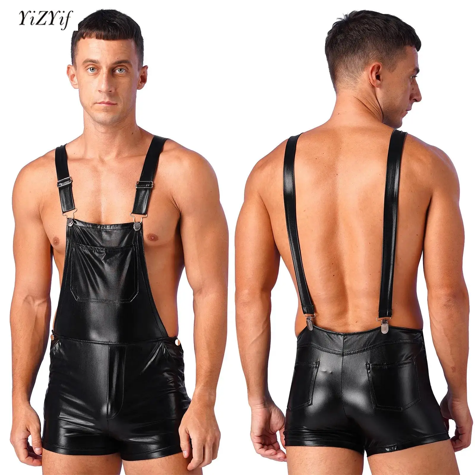 

Mens Shiny Metallic Bib Overall Suspender Shorts Jazz Hip Hop Dance Dress Fashion Holographic Solid Color Rave Party Clubwear
